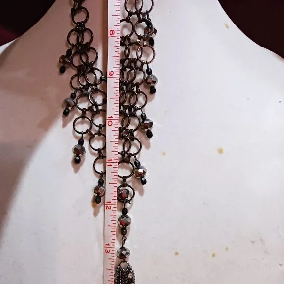 Handmade Gunmetal Rings Black Hematite Bead Bib Statement Necklace Tassel Fringe - Picture 9 of 12